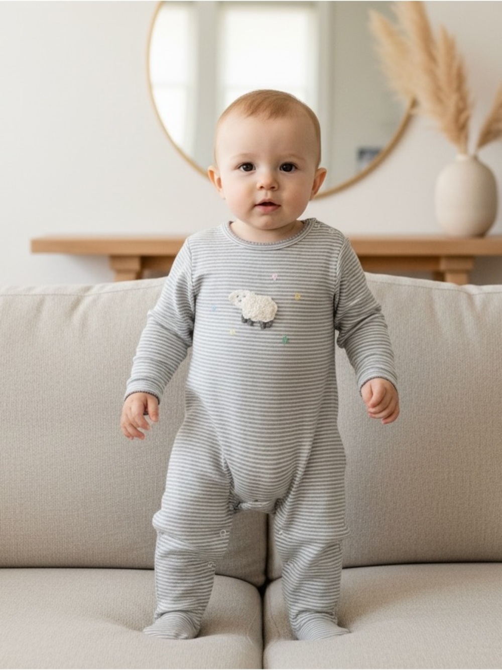 Albetta Premium Striped Gray & White Baby Romper Onesie Crochet Sheep 0-3 Mo